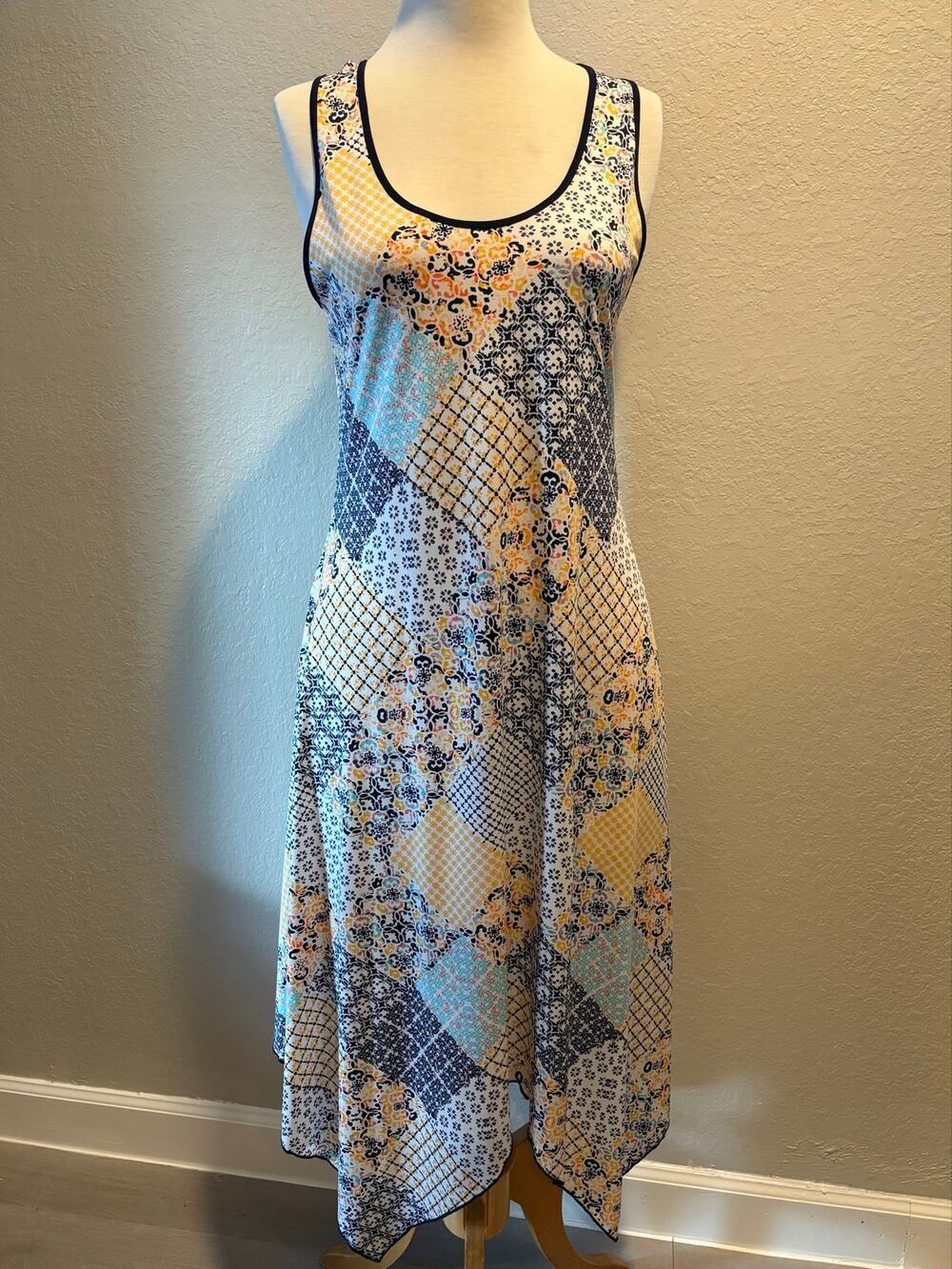 PERSEPTION CONCEPT Handkerchief Hem Patchwork Dress Midi Multi-Color Sz M Beachy